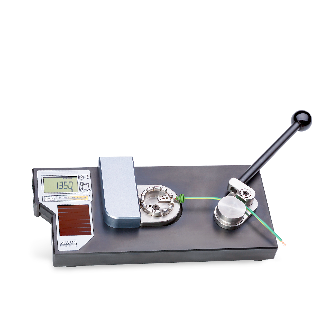 Product shot of wire crimp pull tester by Mecmesin's sister company, Alluris