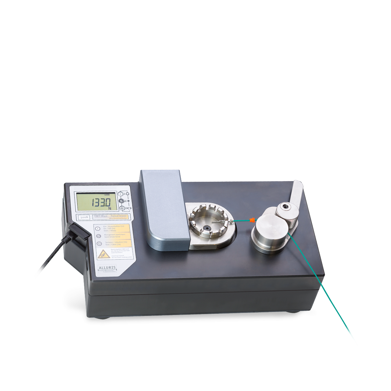 Wire Crimp Pull Tester bench top device Product shot of wire crimp pull tester by Mecmesin's sister company, Alluris